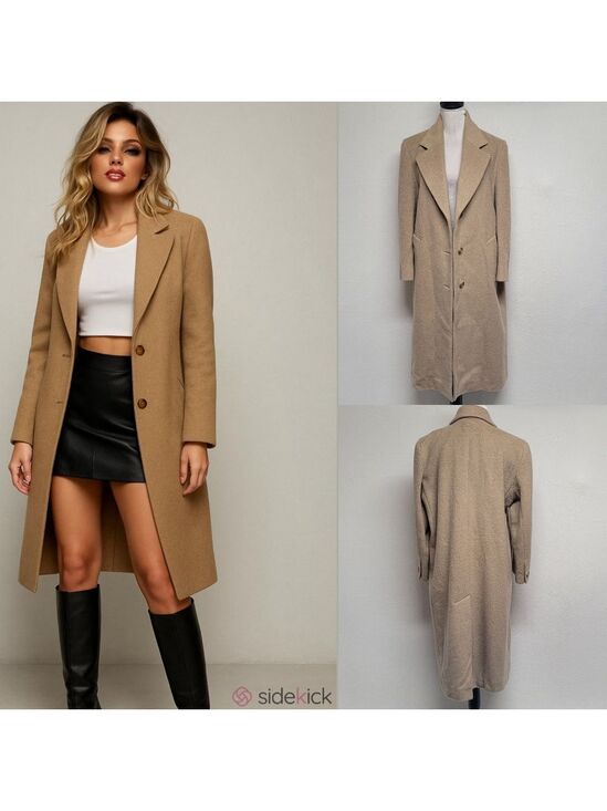 Vintage Jackets & Blazers - 80s Vintage Jones New York Tan Pure Wool Notched Collar Longline Trench Coat XL